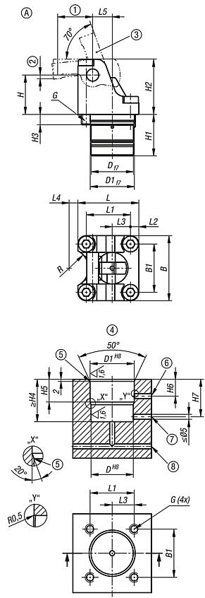 Vridarmsspännare hydraulisk, med fjäderretur, Form A, dubbelverkande