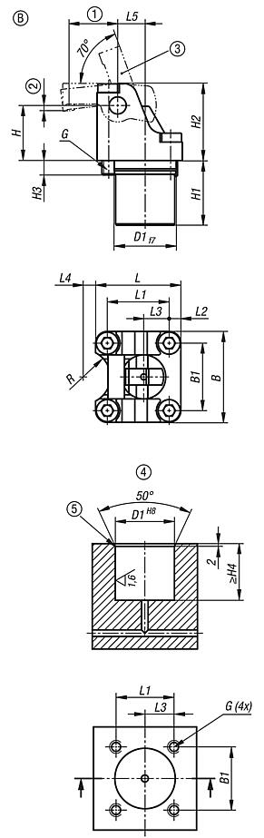 Vridarmsspännare hydraulisk, med fjäderretur, Form B, enkelverkande