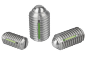 Fjädrande tryckstycken med spår och kula, rostfritt stål, med gängsäkring Fjädrande tryckstycken med spår och kula, rostfritt stål, med gängsäkring