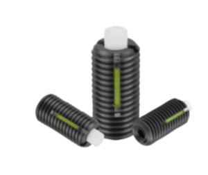 Fjädrande tryckstycken med insexkant och avplanat tryckstift av POM, stål, med gängsäkring Fjädrande tryckstycken med insexkant och avplanat tryckstift av POM, stål, med gängsäkring