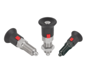 Indexing plungers, steel or stainless steel with plastic mushroom grip and lock Indexing plungers, steel or stainless steel with plastic mushroom grip and lock