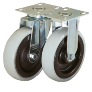 Steel plate swivel and fixed castors with standard solid rubber tyres, heavy duty version Steel plate swivel and fixed castors with standard solid rubber tyres, heavy duty version