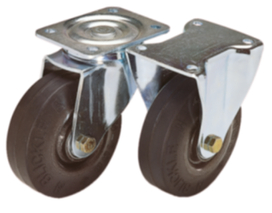 Steel plate swivel and fixed castors with steel wire reinforced elastic solid rubber tyres, heavy duty version Steel plate swivel and fixed castors with steel wire reinforced elastic solid rubber tyres, heavy duty version