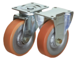 Steel plate swivel and fixed castors with Extrathane® tread, heavy duty version Steel plate swivel and fixed castors with Extrathane® tread, heavy duty version
