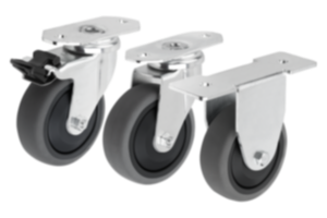 Swivel and fixed equipment castors, steel with TPE tread, electrically conductive for aluminium profiles Swivel and fixed equipment castors, steel with TPE tread, electrically conductive for aluminium profiles