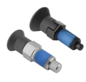 Indexing plungers, steel or stainless steel with plastic mushroom grip and thread lock Indexing plungers, steel or stainless steel with plastic mushroom grip and thread lock