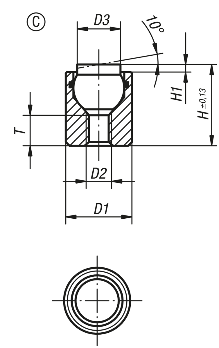 Pendelstöd med O-ring, Form C, stålkula avplanad, plan