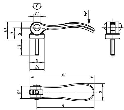 Excenterspännare i rostfritt stål, med yttergänga, tryckbricka och stiftskruv i rostfritt stål