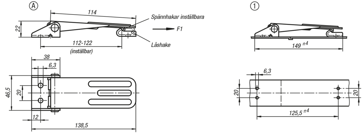 Spännlås inställbara, synliga skruvhål, Form A
