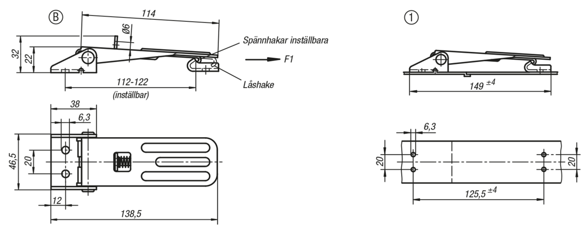 Spännlås inställbara, synliga skruvhål, Form C