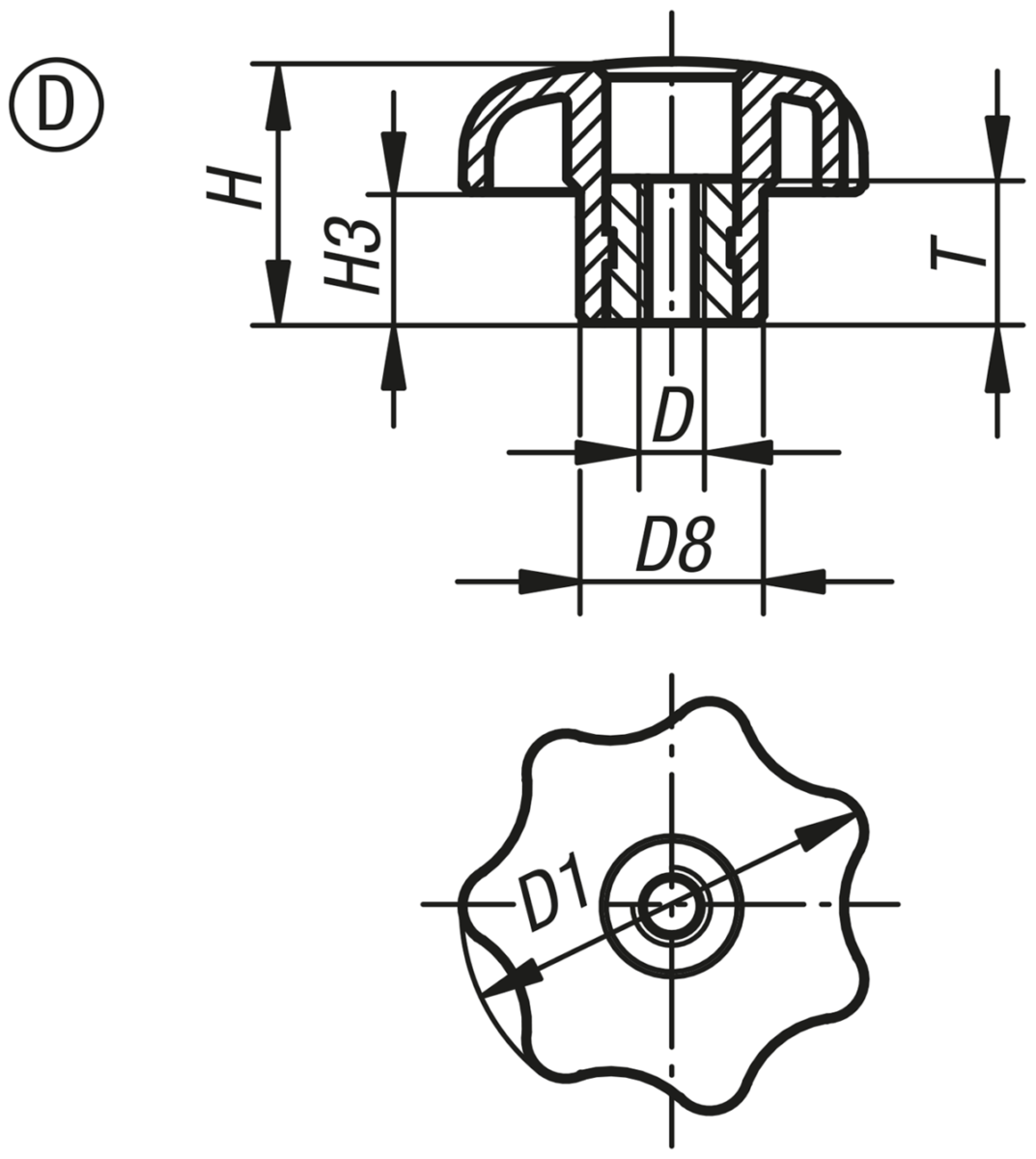 Stjärnvred liknande DIN 6336, innergänga utan lock, Form D