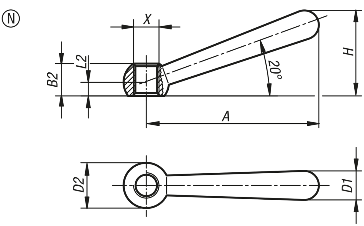 Kägelformade handtag DIN 99, Form N, med innergänga