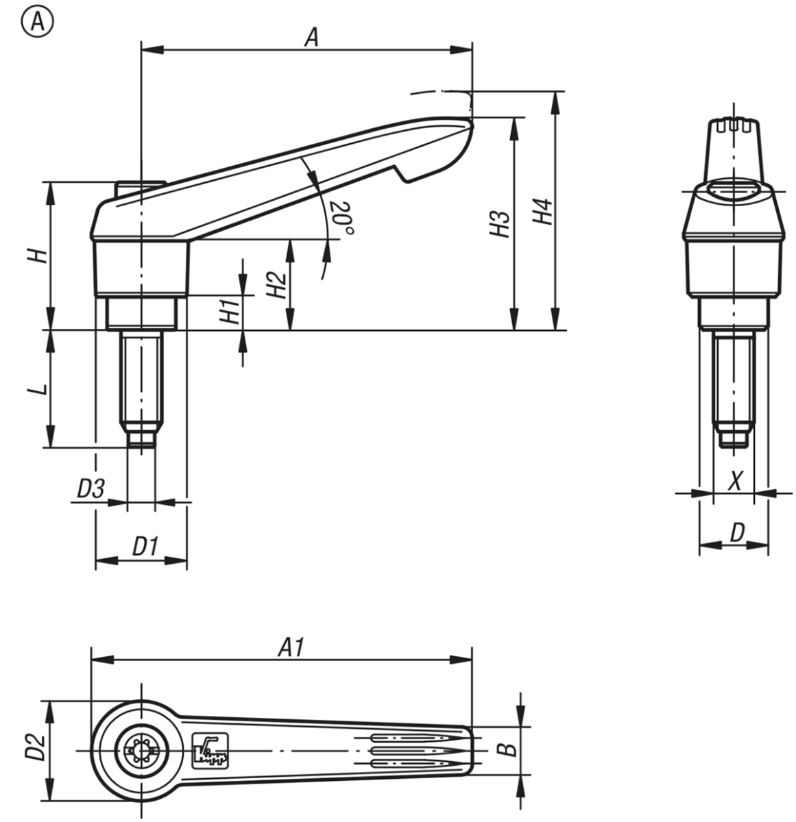 Låsspakar med tryckstycke, Form A, tryckstift i mässing