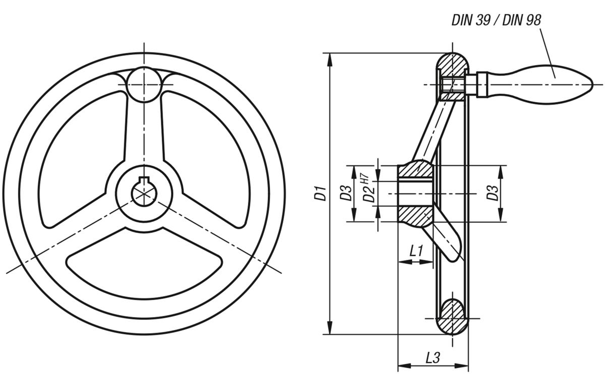 Handrattar DIN 950, av aluminium, med vridbart roterande handtag