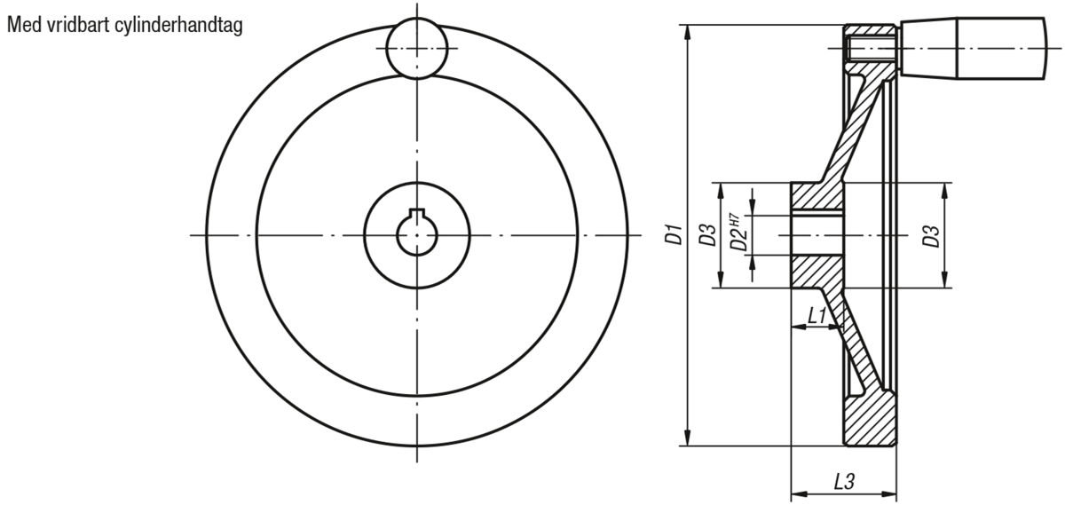 Skivrattar av aluminium, med cylinderhandtag, vridbart