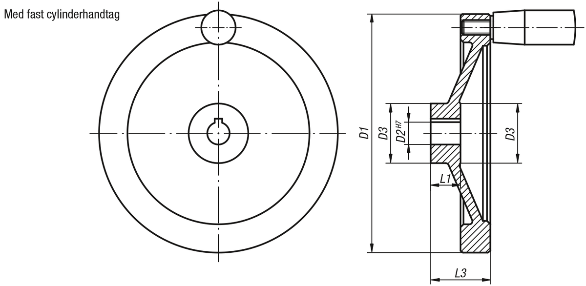 Skivrattar av aluminium, med fast cylinderhandtag