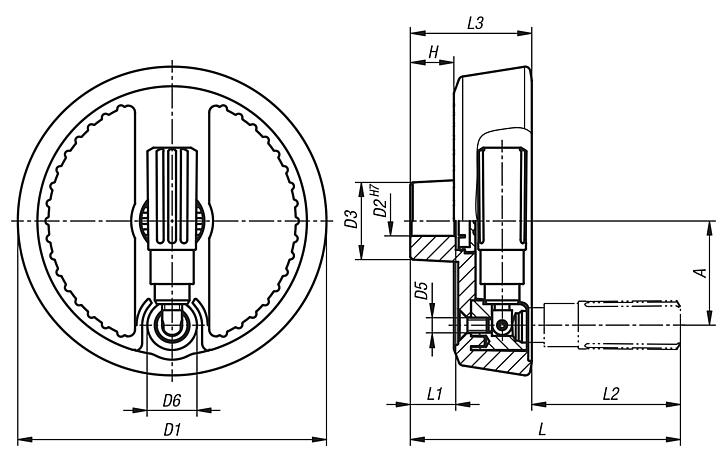 2-ekrade rattar av aluminium med fällbart cylinderhandtag, Form C, med passhål och kilspår