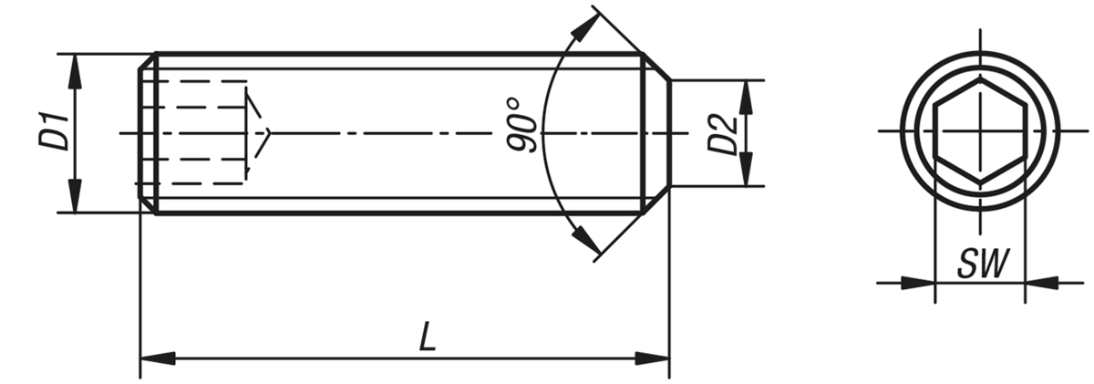 Gängstift med insexkant och plan ände DIN EN ISO 4026, utan gängsäkring